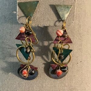 Mixed Metal Stud Pierced Earrings Jewel Tones Glass Beads Quartz Vintage